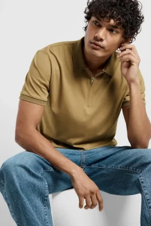 Zip-Up Polo T-Shirt, Brown