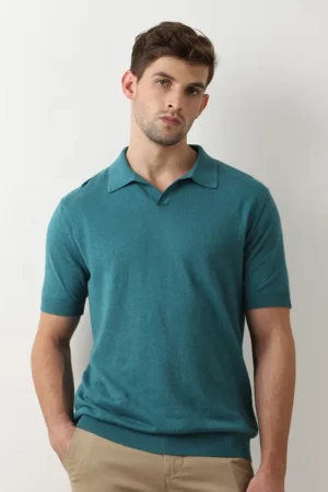 Turquoise Linen Polo T-Shirt, Teal Green