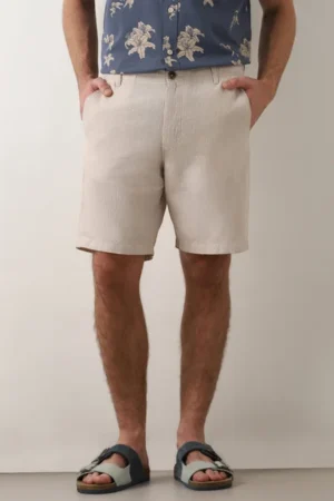 Beige Mi Rise Linen Shorts