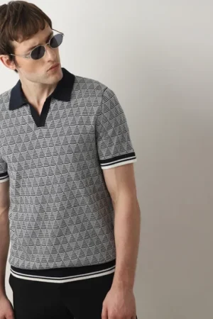 Printed Knit Polo T-Shirt, Dark Blue