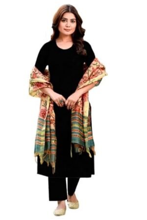 Women's Rayon Viscose Straight Solid Kurta with Pant & Dupatta, Black/Green