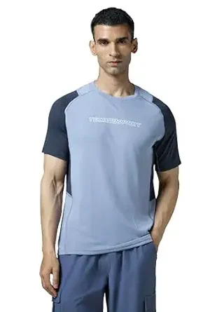 Men's Slim Fit Color Block Crew Neck Half Sleeve T-Shirt, Light Blue