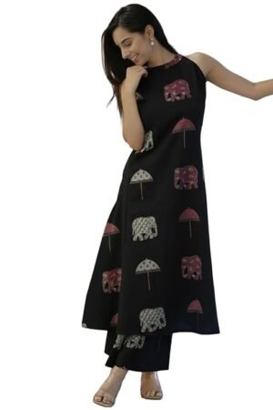 Pure Cotton Kurta Pant Set with Dupatta for Women, Black