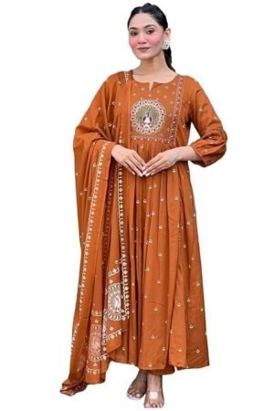 Women Rayon Printed Anarkali Kurta Set with Dupatta, Rust