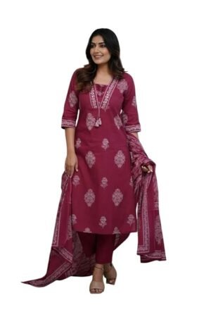Women's Pure Cotton Printed with Handwork Kurta Set, Maroon