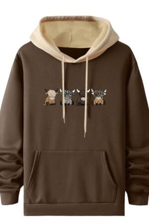 Men's Casual Woolen Hoodie with Cartoon Print, Brown