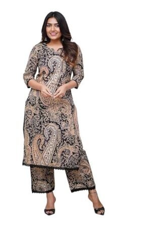 Women Viscose Printed Straight Kurta Pant Set, Black