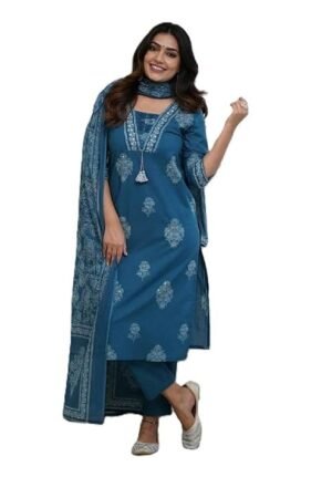 Women's Pure Cotton Printed with Handwork Kurta Set, Blue