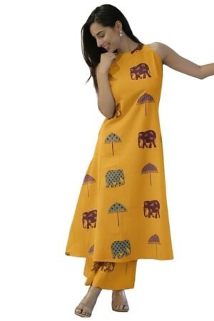 Pure Cotton Kurta Pant Set with Dupatta for Women, Yellow