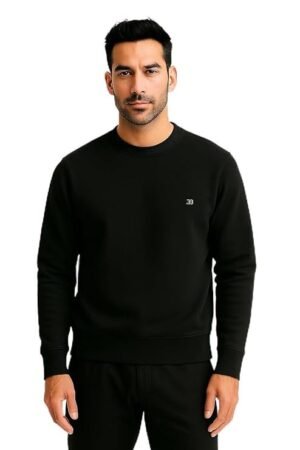 Solid Cotton Rich Light Weight Round Neck Sweatshirt, Black
