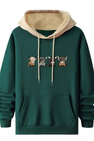 Men's Casual Woolen Hoodie with Cartoon Print, Green