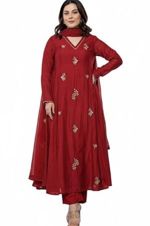 Women Embroidery Solid Anarkali Kurta and Pant Set with Dupatta, Red