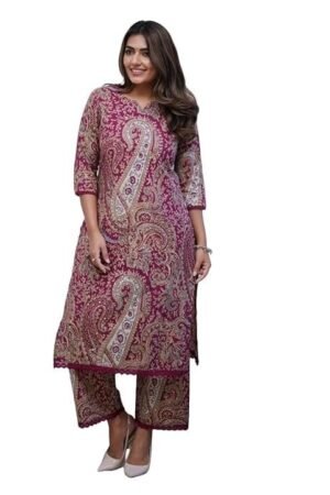 Women Viscose Printed Straight Kurta Pant Set, Maroon