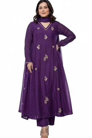 Women Embroidery Solid Anarkali Kurta and Pant Set with Dupatta, Purple