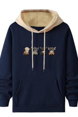 Men's Casual Woolen Hoodie with Cartoon Print, Navy