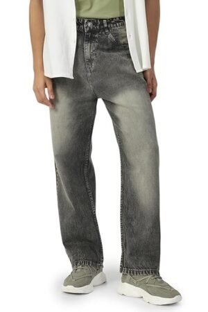 Men's Loose Mid Rise Baggy Fit Washed Jeans - Grey