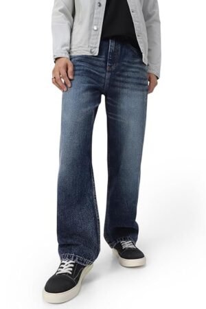 Men's Loose Mid Rise Baggy Fit Washed Jeans - Dark Blue