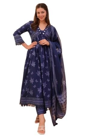 Women Printed Anarkali Kurta and Pant Set with Dupatta, Blue