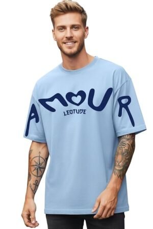 Half Sleeve Cottonblend Graphic Print Round Neck T-Shirt, Aqua Blue