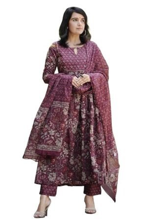 Women Anarkali Kurta and Pant Set With Dupatta, Maroon