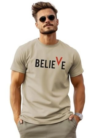 Men Cotton Regular Printed T-Shirt, Cream