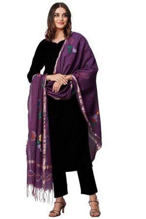 Women's Rayon Viscose Straight Solid Kurta with Pant & Dupatta, Black/Violet