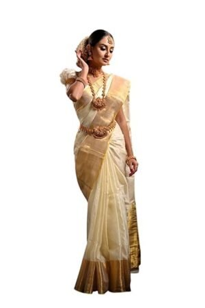 Women's Mulberry Silk Traditional Saare, White/Golden