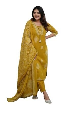 Women's Pure Cotton Printed with Handwork Kurta Set, Yellow