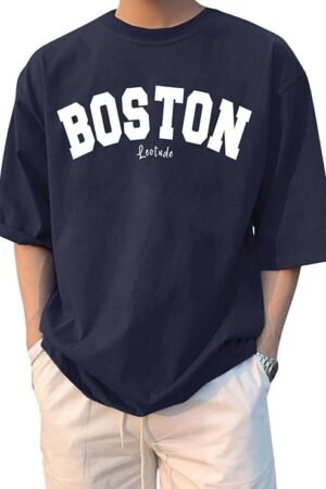 Man Graphic Print Round Neck Half Sleeve Drop Shoulder Oversized T Shirt, Navy Blue