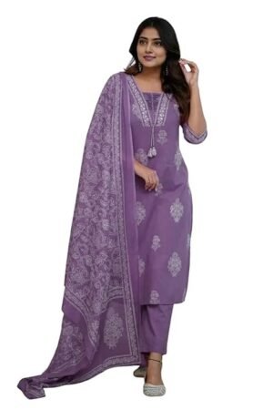 Women's Pure Cotton Printed with Handwork Kurta Set, Purple