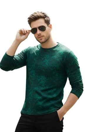 Men's Printed Full Sleeve Slim Fit Cotton T-Shirt, Green