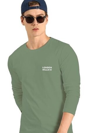 Men's Printed Round Neck Full Sleeve T-Shirt, Olive Green