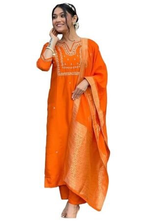 Women's Silk Blend Straight Embroidered Kurta with Pant & Dupatta, Orange