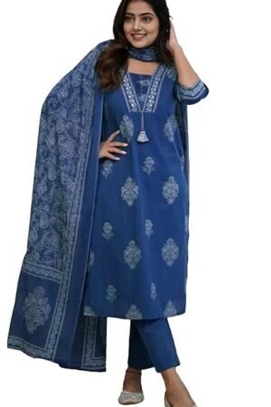 Women's Pure Cotton Printed with Handwork Kurta Set, Navy Blue