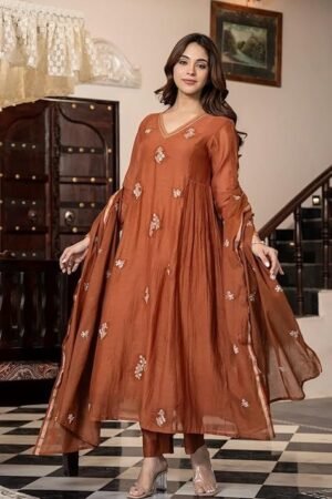 Women Embroidery Solid Anarkali Kurta and Pant Set with Dupatta, Orange