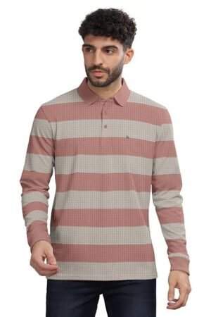 Striped Textured Printed Polo Neck Fullsleeve T-Shirt, White/Pink
