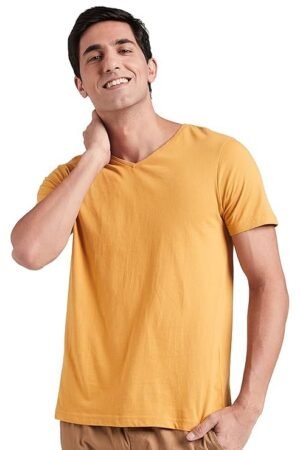 Men Cotton Solid V-Neck Regular Fit T-Shirt, Yellow