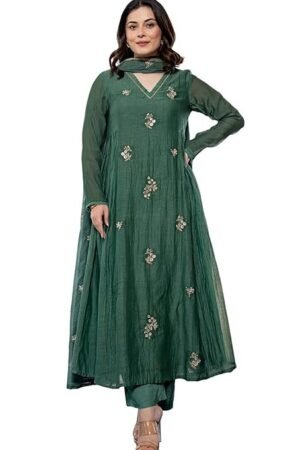 Women Embroidery Solid Anarkali Kurta and Pant Set with Dupatta, Green