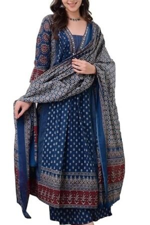 Women's Rayon Printed Anarkali Kurta and Pant with Dupatta Set, Teal Blue
