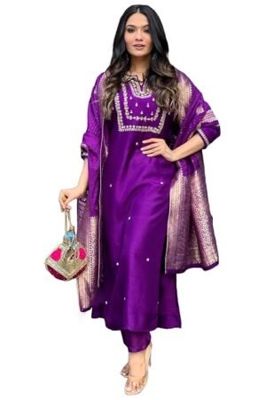 Women's Silk Blend Straight Embroidered Kurta with Pant & Dupatta, Begani