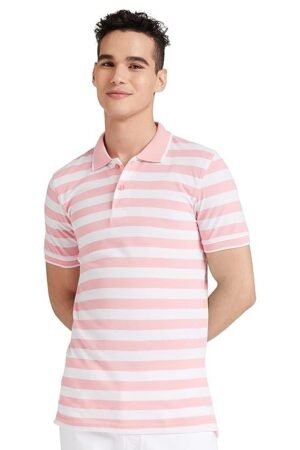 Men's Cotton Rich Striped Polo T-Shirts, White/Pink