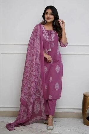 Women's Pure Cotton Printed with Handwork Kurta Set, Wine