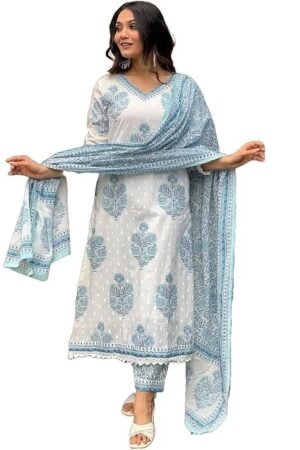 Women Cotton Block Printed Kurta Pant With Dupatta, White