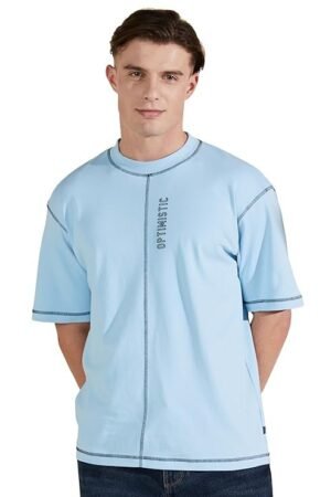 Men's Graphic Fit Cotton Oversized Round Neck T-Shirt, Sky Blue