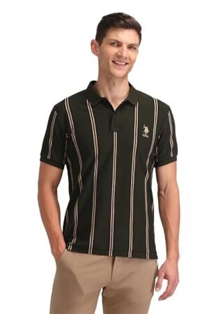 Vertical Striped Slim Polo Shirt, Black