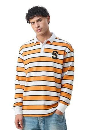 Men's Long Sleeves Collared Neck Striped T-Shirts, White/Orange