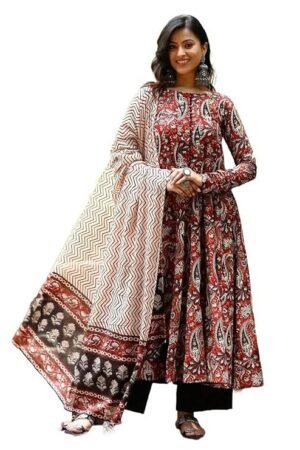 Women Printed Anarkali Kurta and Pant Set with Dupatta, Maroon