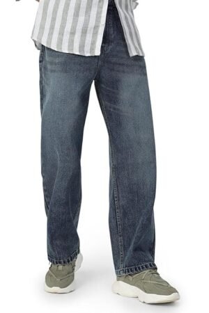 Men's Loose Mid Rise Baggy Fit Washed Jeans - Blue