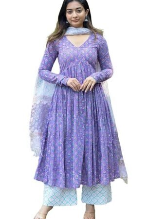 Women Printed Anarkali Kurta and Pant Set with Dupatta, Purple