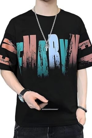 Men's Cotton Oversized Fit Casual Printed Round Neck T-Shirt, Black